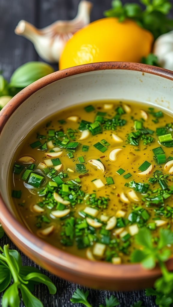 A bowl of zesty Italian herb marinade with herbs and garlic, lemon in the background.